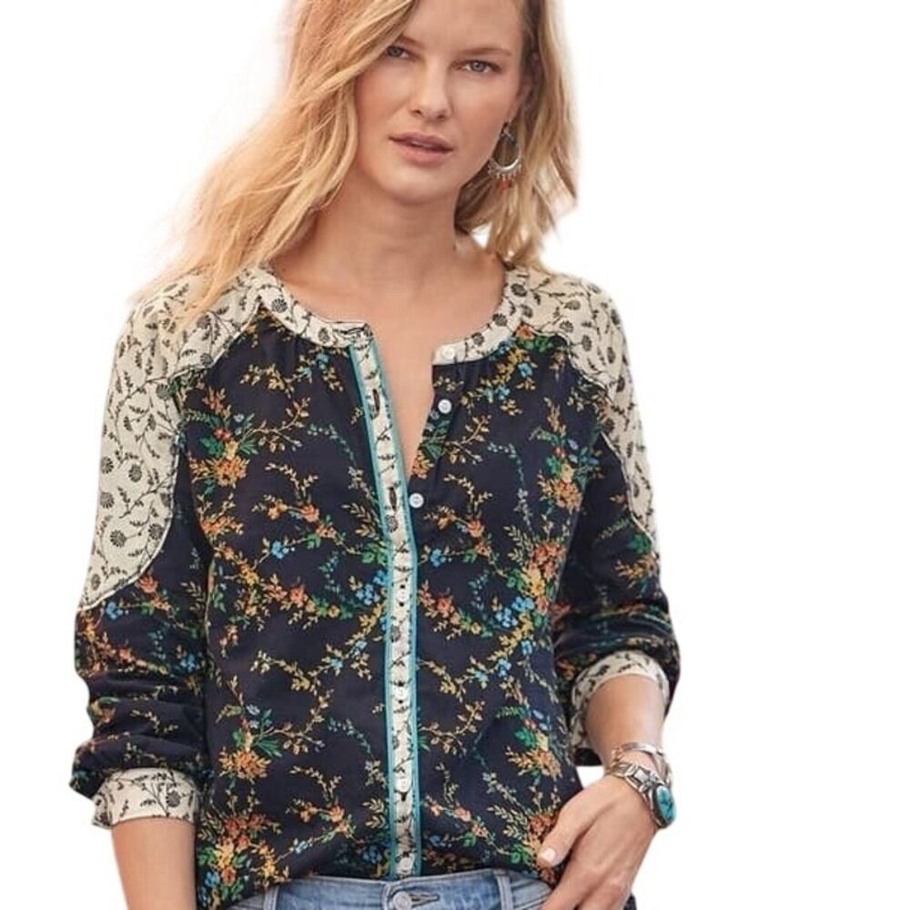 Sundance Stories To Be Told Top Womens Size XL Navy Floral Contrasting Trim Boho
